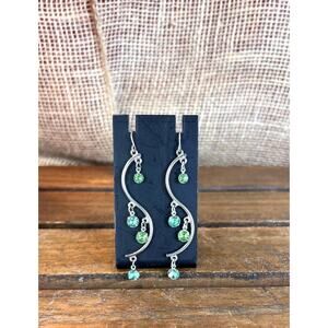 Silver Tone S-Shape Pierced Earrings~Green Crystal Gemstones